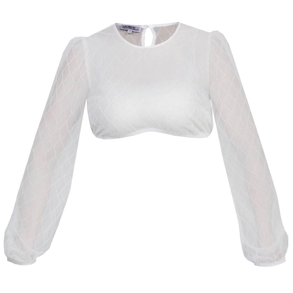 Langärmelige, hochgeschlossene Dirndlbluse in Off-White mit zartem Rautenmuster und halbtransparentem Stoff.