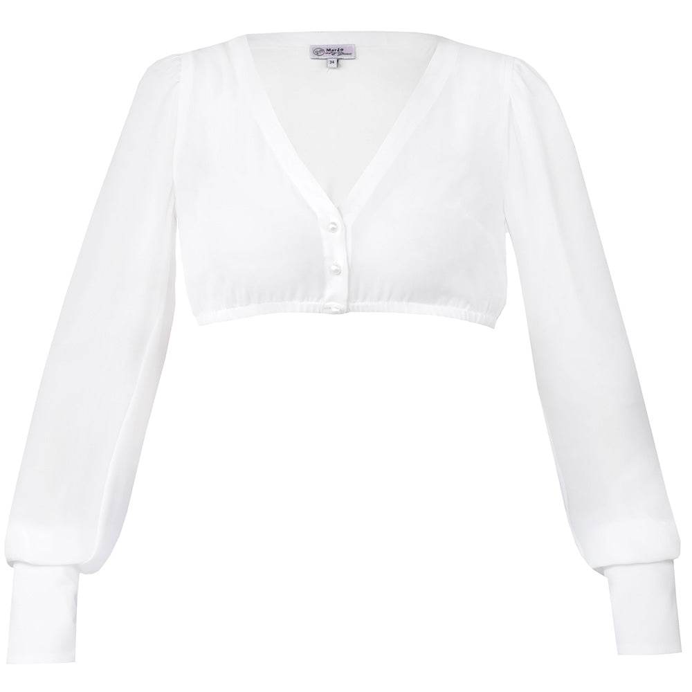Dirndlbluse in Off-White mit langen, voluminösen Puffärmeln aus transparentem Chiffon, V-Ausschnitt und durchgehender Knopfleiste. Die Ärmel enden in breiten, geknöpften Manschetten mit feinen Details.