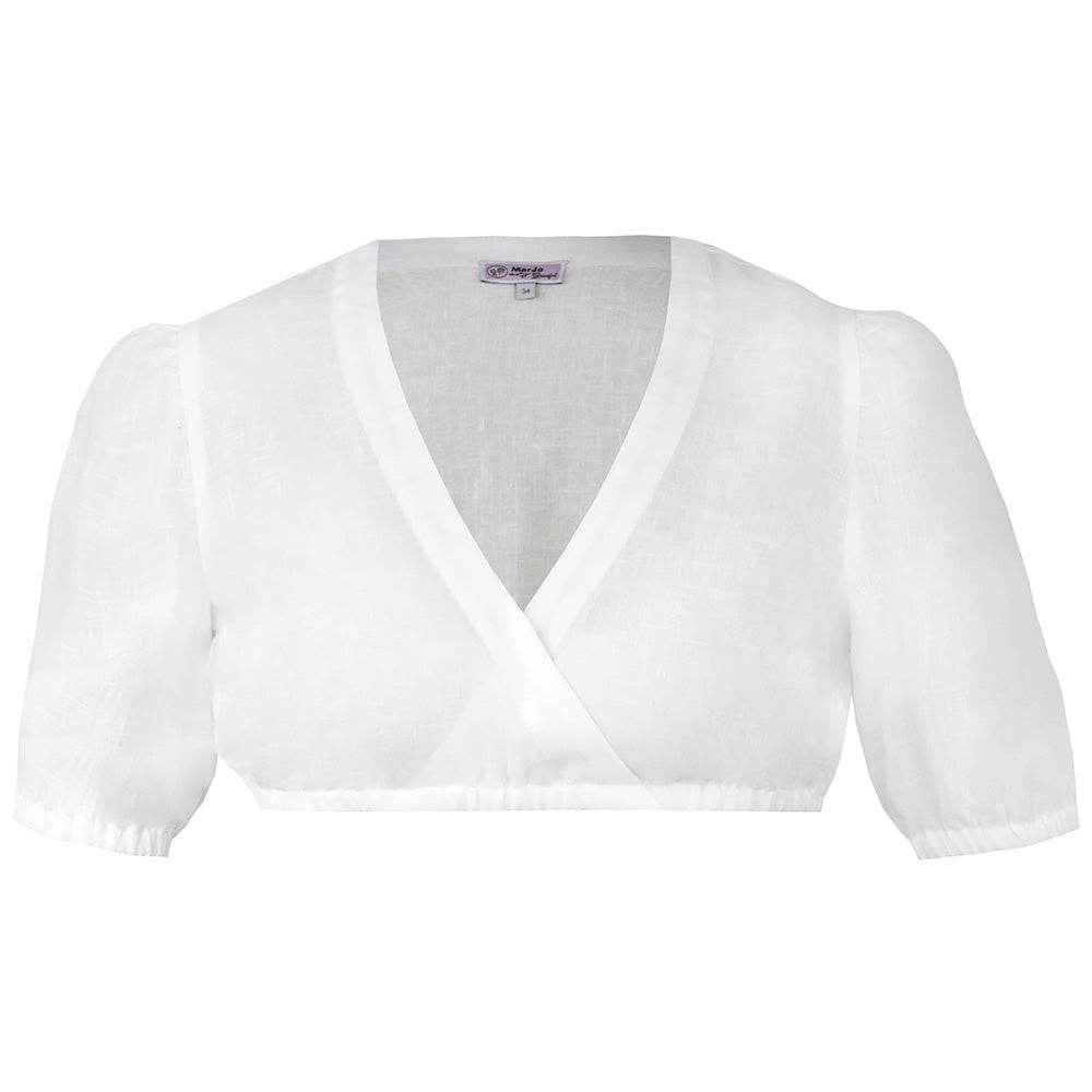 Kurzärmelige Dirndlbluse in Offwhite mit V-Ausschnitt und leicht gepufften Ballonärmeln, locker fallend und ohne sichtbare Knopfleiste.