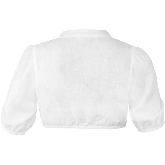 Kurzärmelige Dirndlbluse in Offwhite mit V-Ausschnitt und leicht gepufften Ballonärmeln, locker fallend und ohne sichtbare Knopfleiste.