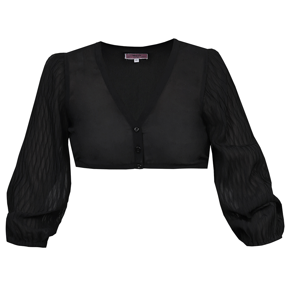 Schwarze Dirndlbluse mit 3/4-Arm und V-Ausschnitt, schlicht und elegant, luftig und leicht im Design.