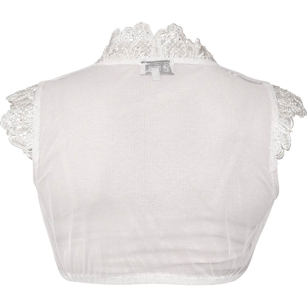 Elegante Dirndlbluse in Creme mit angeschnittenen Ärmeln und V-Ausschnitt, verziert mit Bogen-Spitze und feinen Perlen auf dem Spitzenbesatz.