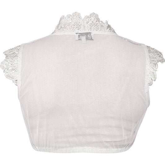 Elegante Dirndlbluse in Creme mit angeschnittenen Ärmeln und V-Ausschnitt, verziert mit Bogen-Spitze und feinen Perlen auf dem Spitzenbesatz.