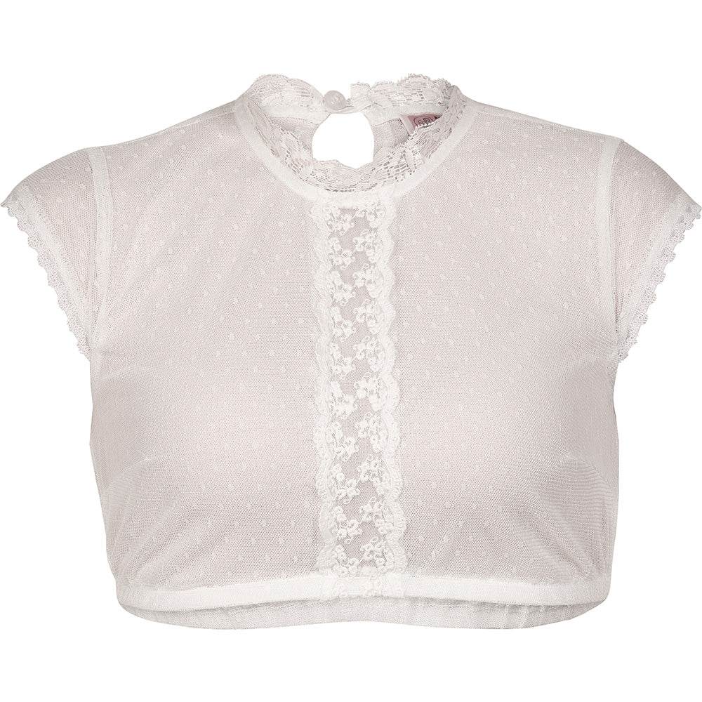 Hochgeschlossene Dirndlbluse in off-white mit Flügelärmeln, Spitzbordüre in der Mitte und Spitzenverzierung am Ausschnitt, leicht und sommerlich im Design.