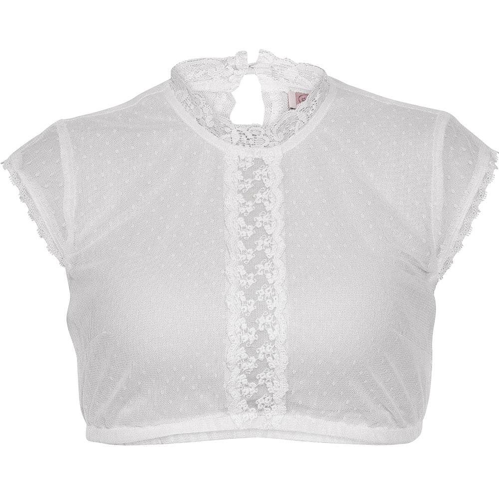 Hochgeschlossene weiße Dirndlbluse mit Flügelärmeln, Spitzbordüre in der Mitte und Spitzenverzierung am Ausschnitt, leicht und sommerlich im Design.