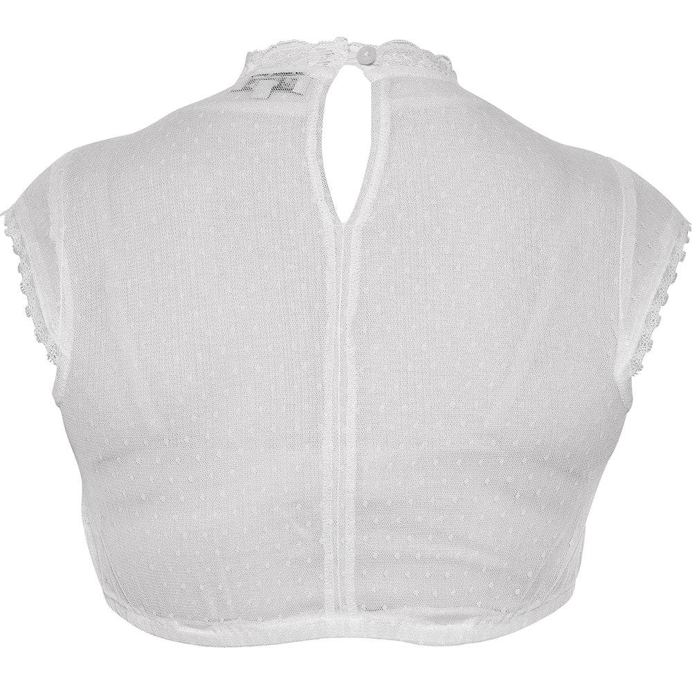 Hochgeschlossene weiße Dirndlbluse mit Flügelärmeln, Spitzbordüre in der Mitte und Spitzenverzierung am Ausschnitt, leicht und sommerlich im Design.