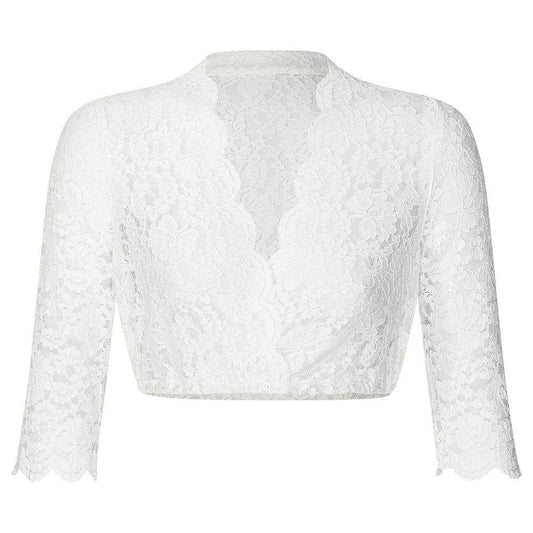 Dirndlbluse mit 3/4-Arm aus feiner Stretch-Spitze, vorne geknöpft, mit V-Ausschnitt, hier in mehreren Farben wie weiß, creme, bordeaux, olivgrün, dunkelblau und schwarz zu sehen.