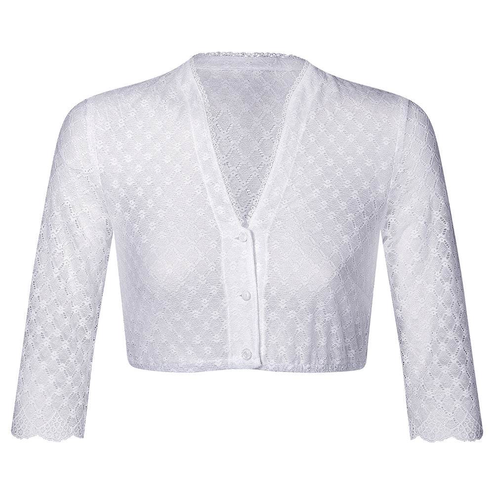 Weiße Dirndlbluse mit 3/4-Ärmeln aus zarter Spitze, vorne mit Knopfleiste. Die Ärmelenden sind mit einem feinen Bogenrand verziert, V-Ausschnitt für vielseitige Kombinationen.