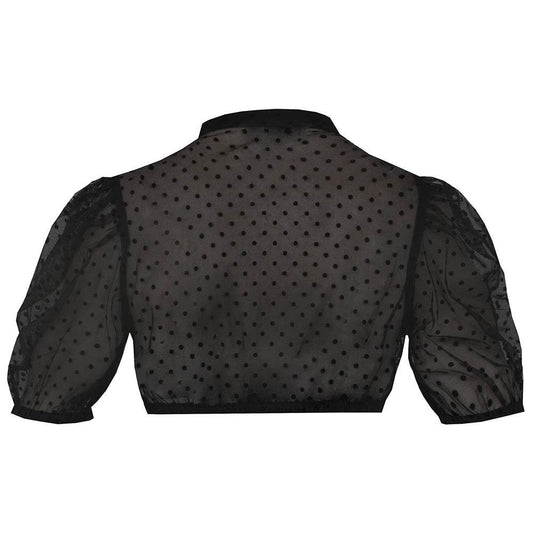 Halbtransparente schwarze Dirndlbluse mit kurzem Arm und V-Ausschnitt, schlicht und elegant, ohne sichtbare Verzierungen.