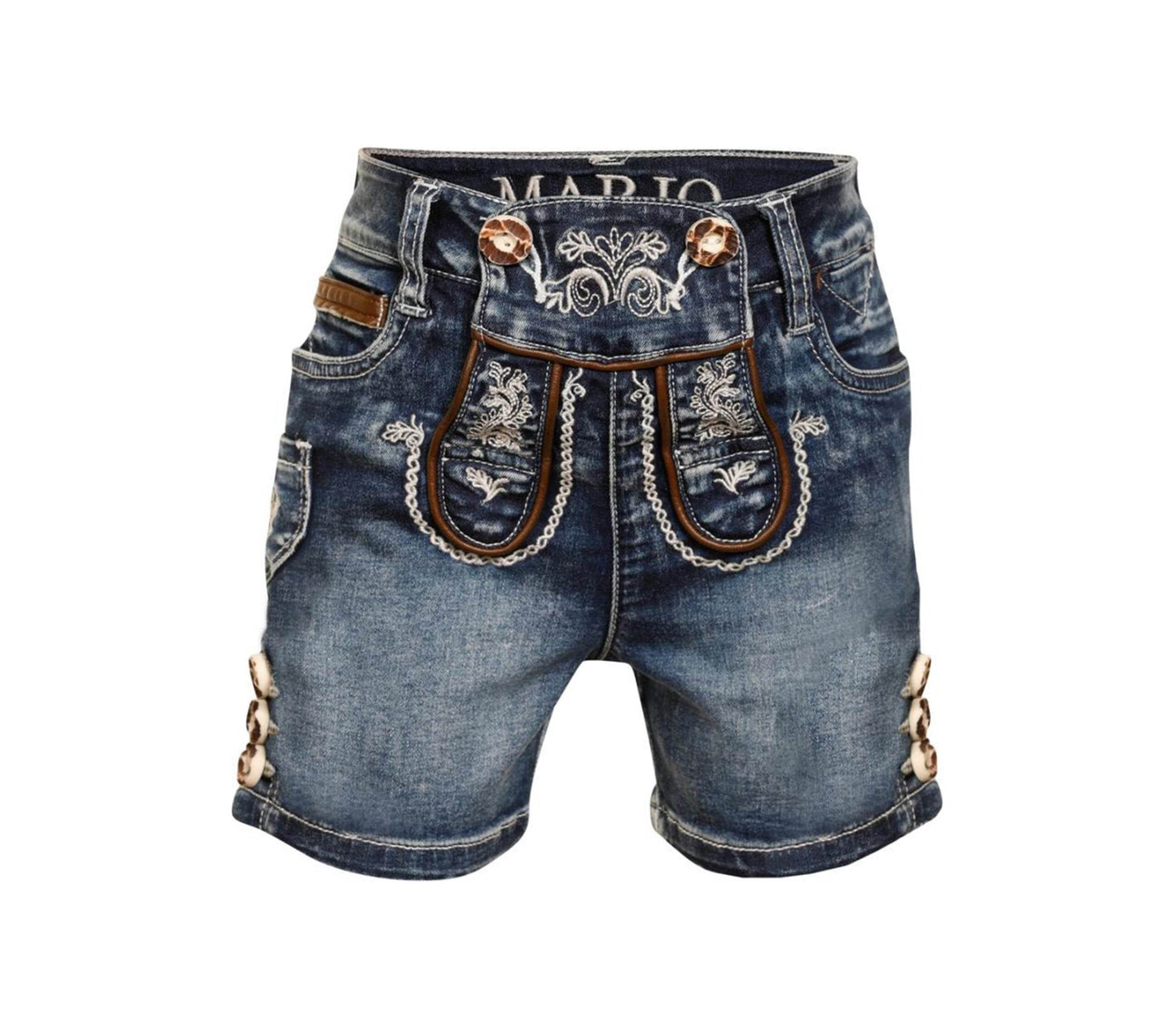 Blaue Kinder-Jeans-Shorts im Trachtenstil mit Hosenlatz, seitlichen Trachtenknöpfen und dekorativen Trachtenmotiven, sportlich und traditionell kombiniert.