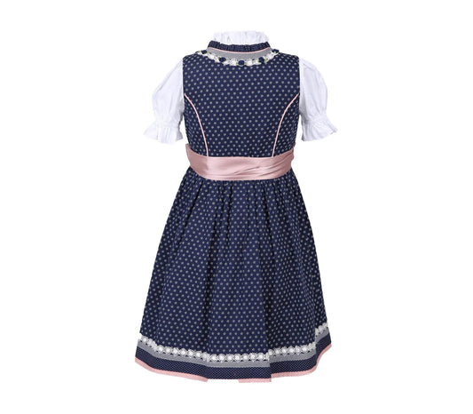Süßes Kinderdirndl in Blau und Rosé mit floralem Muster, Reißverschluss und Schnürung am Mieder, verspielte kleine Röschen, aufwendige Borten und passende Bluse.