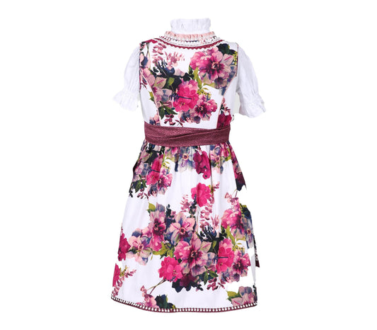 Wunderschönes Kinderdirndl in Beere und Weiß mit floralem Muster, Reißverschluss am Mieder, zart schimmernde Schürze und verspielte Borten, inklusive passender Bluse.