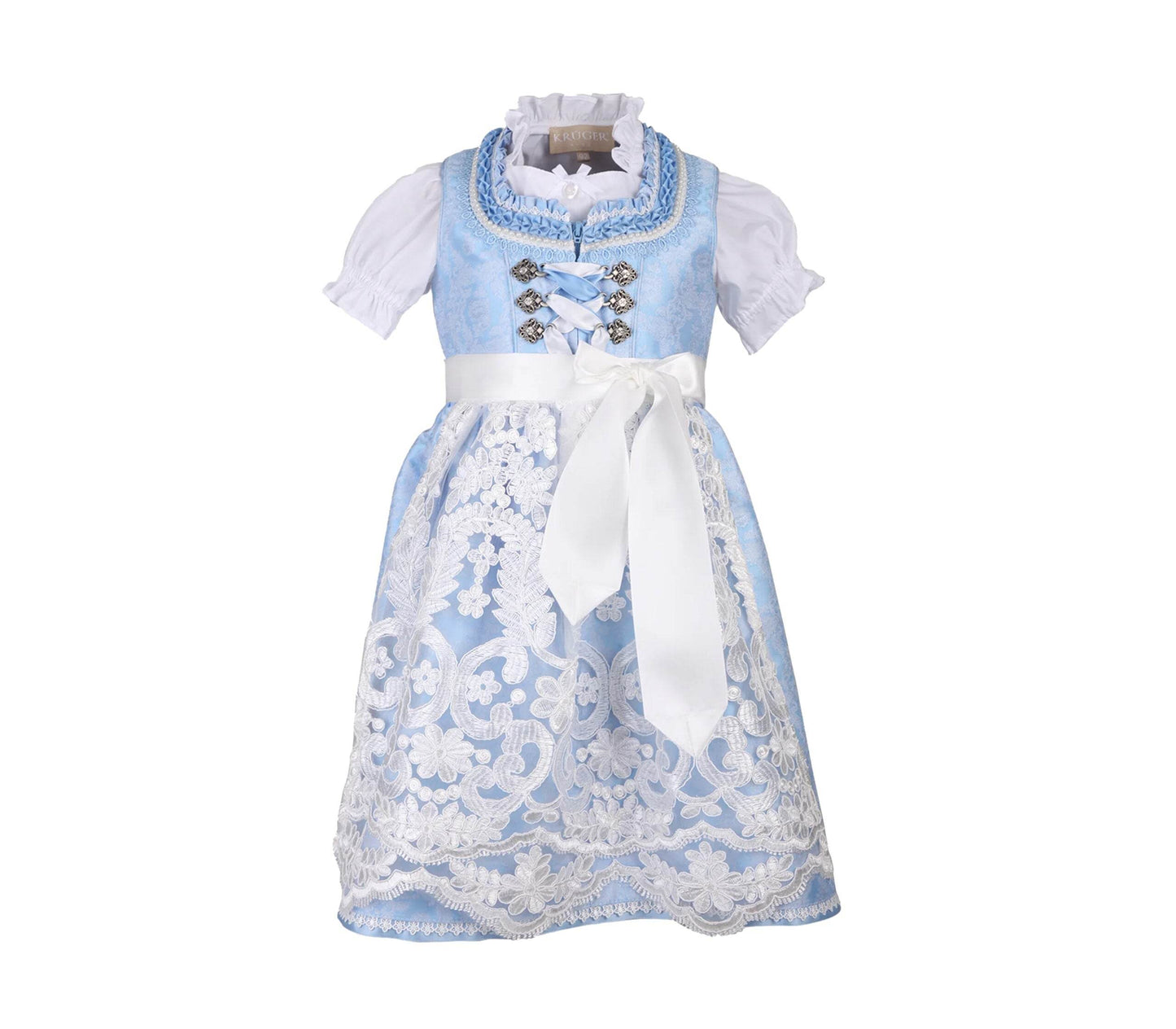 Festliches Kinderdirndl mit allover Ornamentenmuster, Reißverschluss und Schnürung am Mieder, dazu eine Spitzenschürze und eine passende Bluse mit langen Ärmeln.