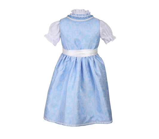Festliches Kinderdirndl mit allover Ornamentenmuster, Reißverschluss und Schnürung am Mieder, dazu eine Spitzenschürze und eine passende Bluse mit langen Ärmeln.