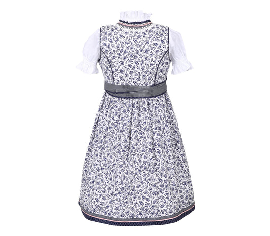 Kinderdirndl in Blau und Weiß mit ganzflächigem Blumenmuster, Reißverschluss am Mieder und verspielter Schnürung. Das Dirndl zeigt aufwendige Borten und eine passende Bluse.