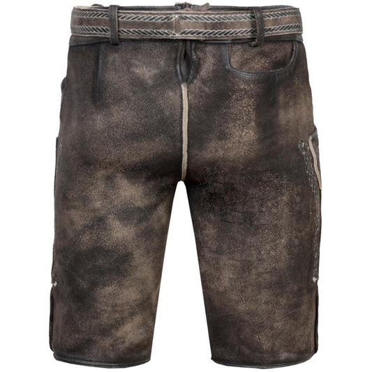 Kurze Trachtenlederhose in Felsbraun aus Ziegenveloursleder mit klassischem Latz, floralen Stickereien und rustikalen Hirschhornknöpfen.