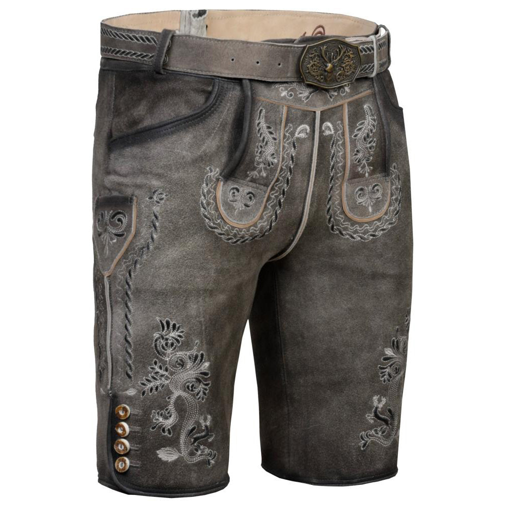 Kurze Trachtenlederhose in Felsbraun aus Ziegenveloursleder mit klassischem Latz, floralen Stickereien und rustikalen Hirschhornknöpfen.