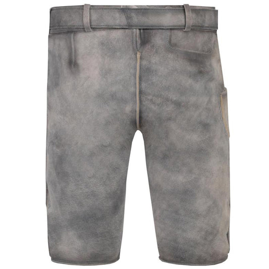 Kurze Trachtenlederhose in Steingrau/Denim mit rundem Latz, floralen Stickereien und rustikalem Used-Look – modern interpretiert im traditionellen Stil.