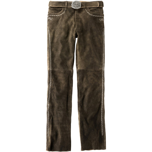 Lange Trachtenlederhose in edler Hirschoptik aus Wildbock-Ziegenleder mit traditionellen Stickereien und Hornknöpfen – rustikal und hochwertig.
