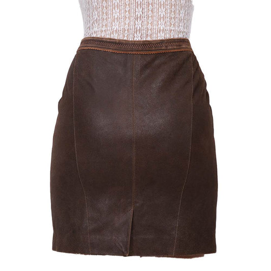 Lässiger brauner Lederrock aus Nubukleder mit goldenem Frontreißverschluss und dekorativen Ziernähten, der eine stylische Kombination für festliche Anlässe oder den Alltag bietet.