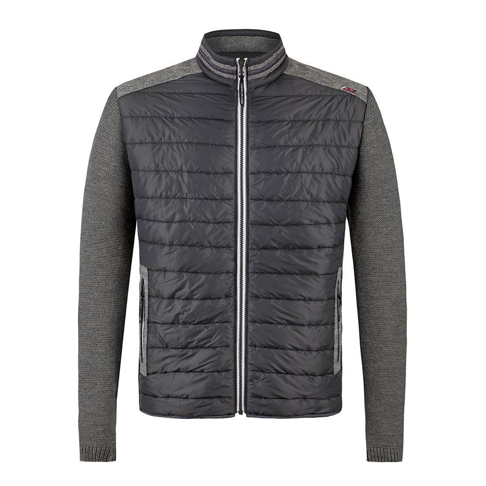 Herren-Outdoorjacke in Grau mit Stehkragen, Schulterbesatz und Ärmeln mit Loden-Patches, geradem Schnitt und sportlichem Look.