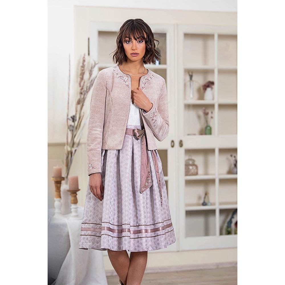 Festlicher Rock Bonnie in Taupe von MarJo mit floraler Schleife, glänzendem Jacquardstoff, Kellerfalten und dekorativen Borten