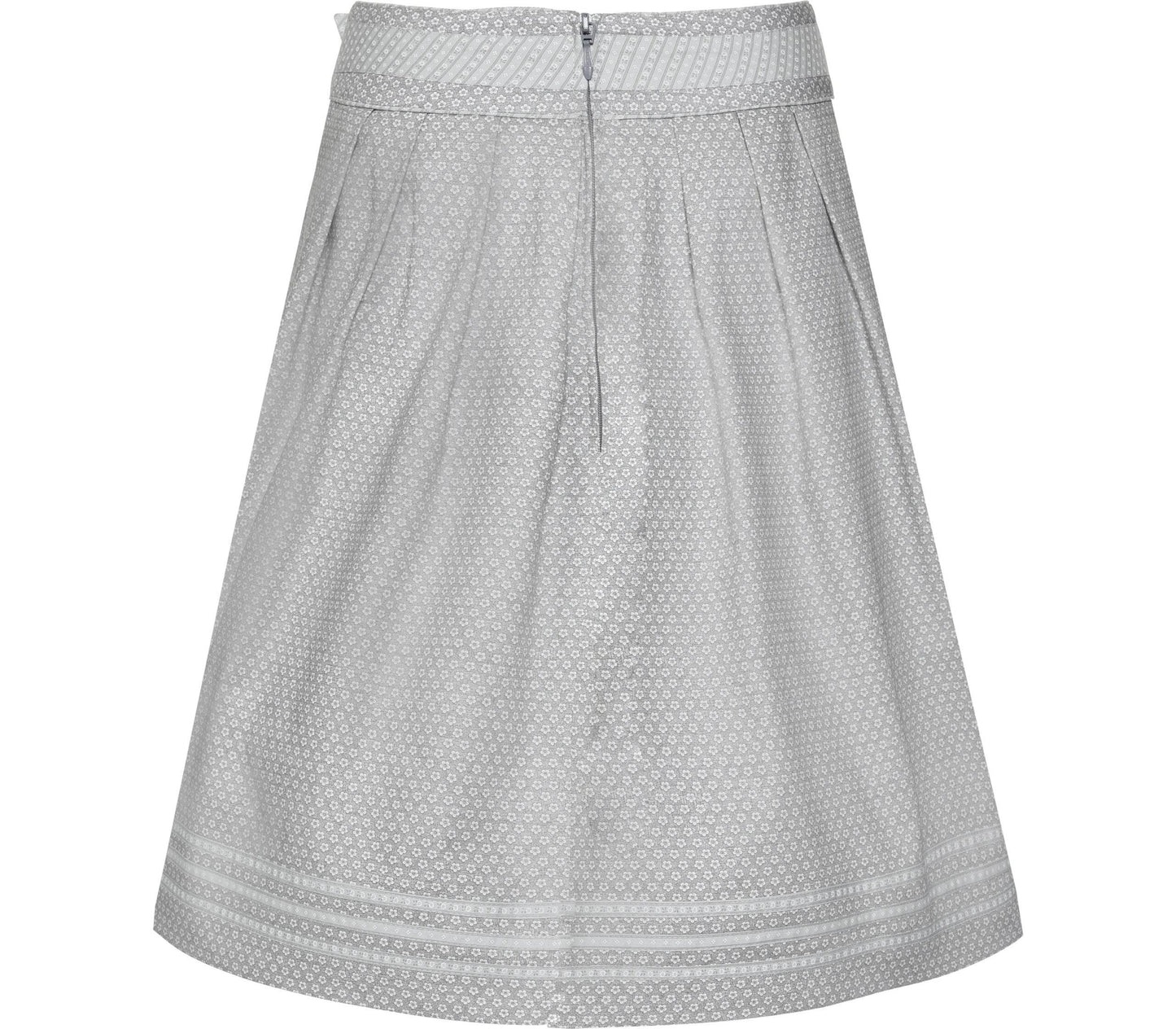Grauer Rock in A-Linien-Form mit zartem Streublumenmuster, verziert mit drei Borten und einer Schnalle mit Schleife am Bund. Reißverschluss hinten mittig.