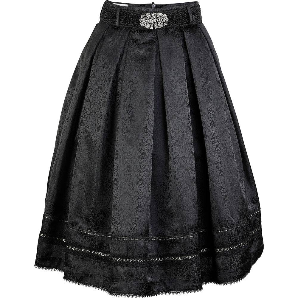 Festlicher Rock Eleana in Schwarz von MarJo mit perlenbesetztem Gürtel, Trachtenschließe, glänzendem Jacquardstoff, Borten und Kellerfalten