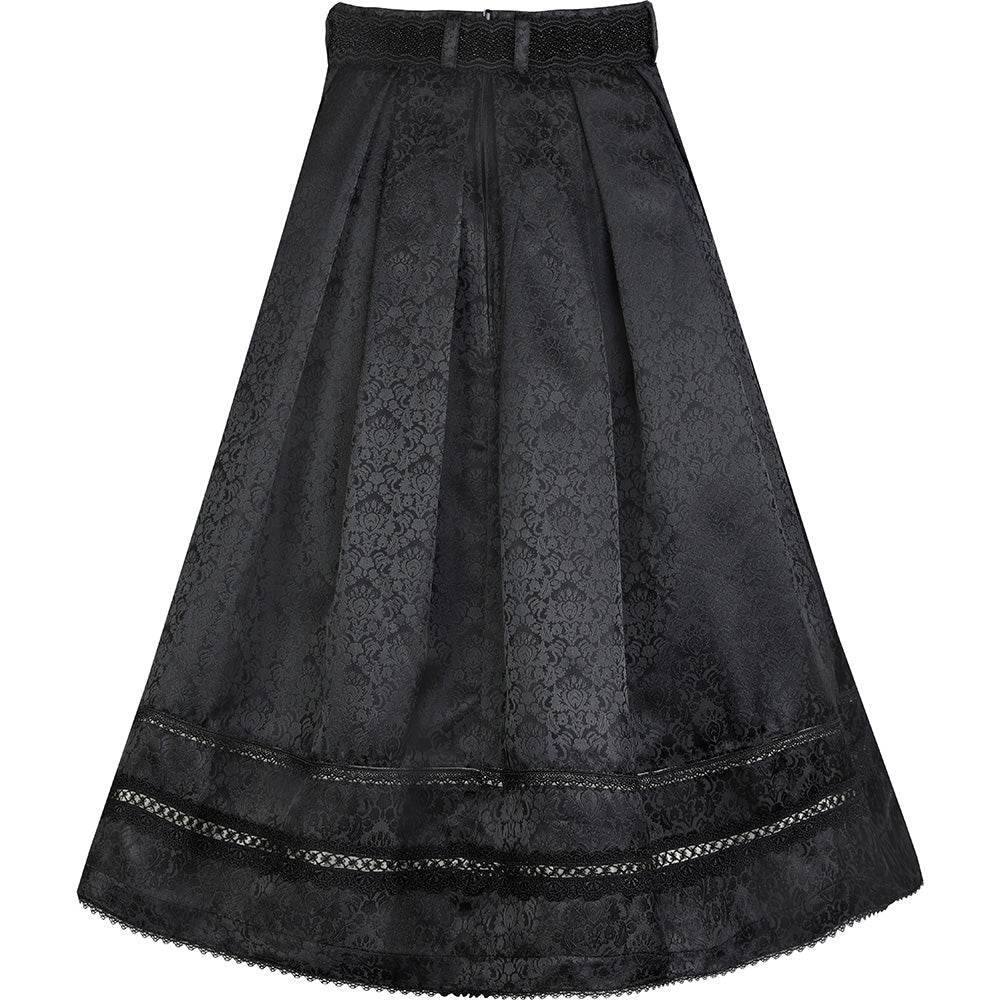 Festlicher Rock Eleana in Schwarz von MarJo mit perlenbesetztem Gürtel, Trachtenschließe, glänzendem Jacquardstoff, Borten und Kellerfalten