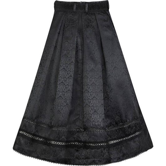 Festlicher Rock Eleana in Schwarz von MarJo mit perlenbesetztem Gürtel, Trachtenschließe, glänzendem Jacquardstoff, Borten und Kellerfalten