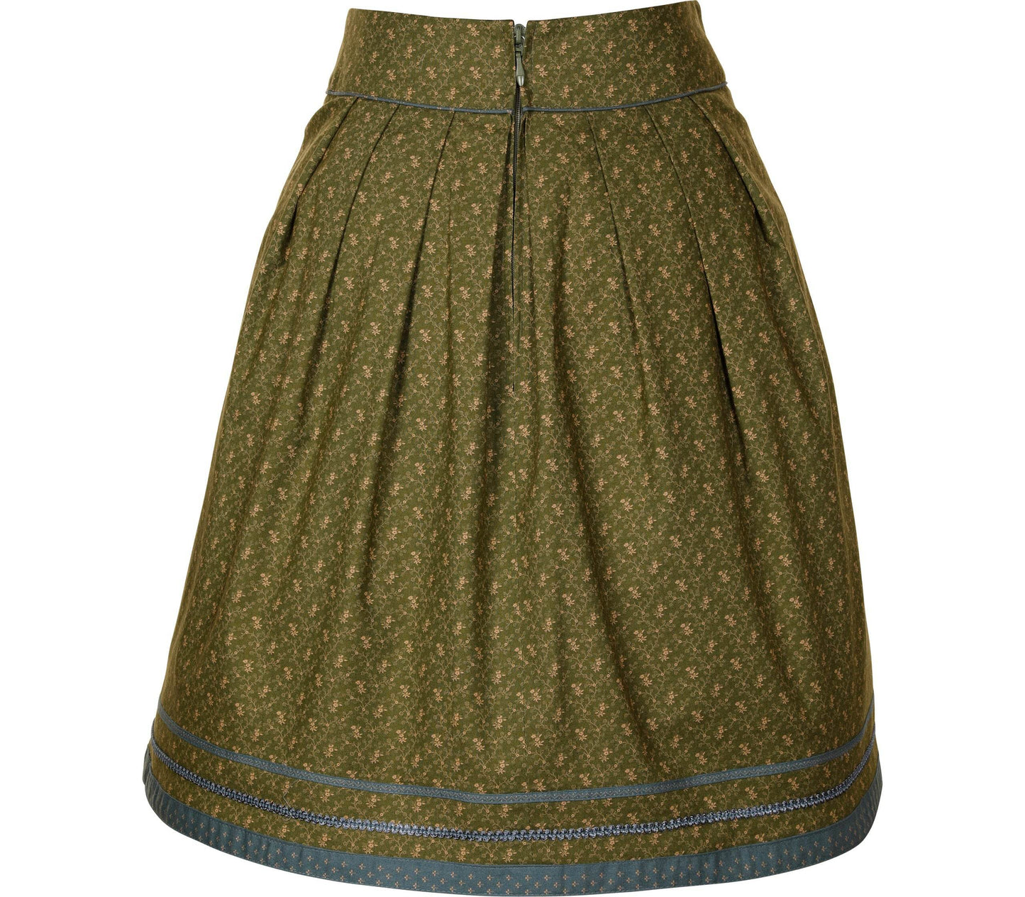 Grüner Rock in A-Linien-Form mit zartem Streublumenmuster, verziert mit zwei Borten und einer Borte am Saum. Reißverschluss hinten mittig.