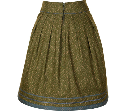 Grüner Rock in A-Linien-Form mit zartem Streublumenmuster, verziert mit zwei Borten und einer Borte am Saum. Reißverschluss hinten mittig.