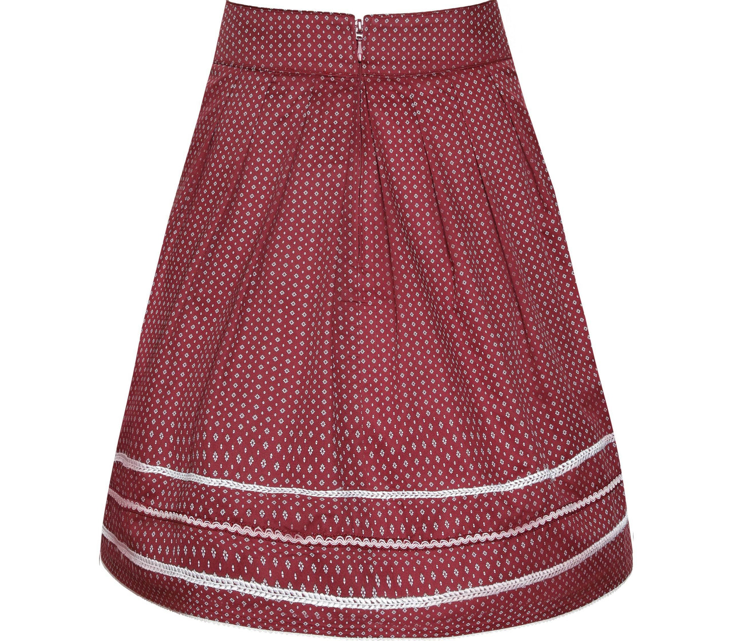 Bordeauxfarbener Rock in A-Linien-Form mit zartem Streublumenmuster, verziert mit drei Borten und einer Aufschrift am Bund mit zwei Glitzerherzen. Reißverschluss hinten mittig.