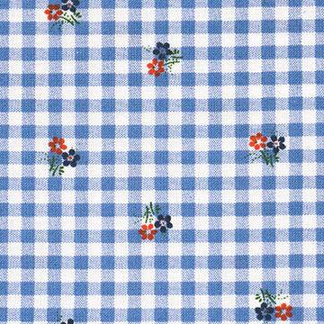 Stoffmuster für Dirndl mit marineblauem Baumwollsatin für Oberteil und Rock, dazu karierte Schürze mit buntem Blümchenmuster in Hellblau, Weiß, Rot und Grün.