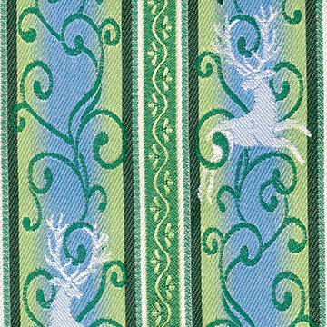 Stoffmuster für Dirndl mit hellblau-grünem Blümchenjacquard für Oberteil und Rock, dazu längsgestreifte Schürze mit grün-blauem Hirschmuster.