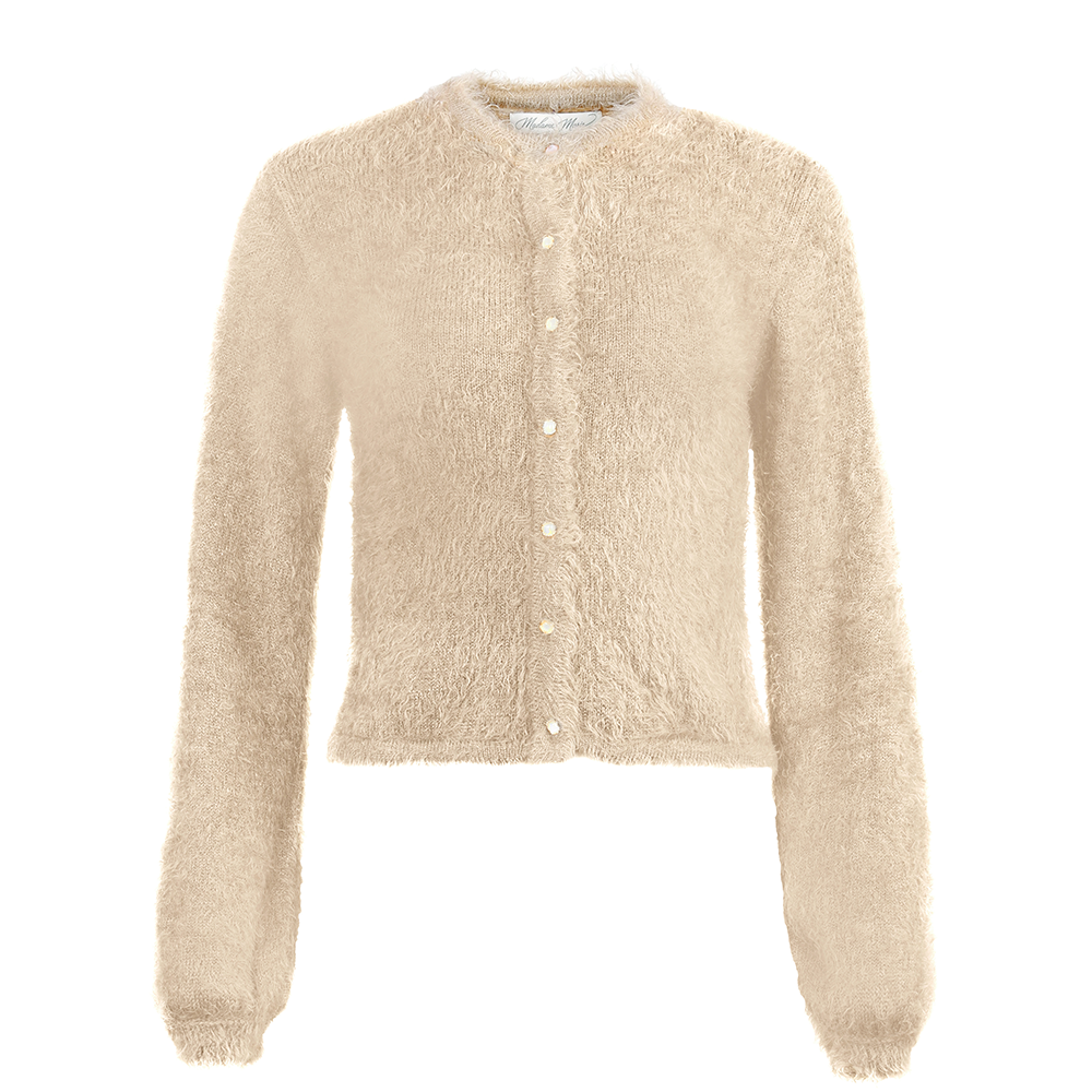 Klassische Strickjacke in Creme mit Rundhalsausschnitt und dezenten Knöpfen, ideal kombiniert zum Dirndl oder zur Trachtenmode.