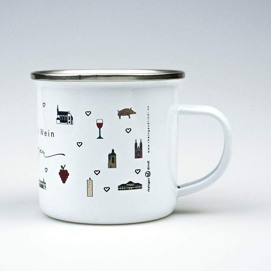 Weiße Emaille-Tasse mit silbernem Rand und Henkel, bedruckt mit den Wahrzeichen des Rheingaus: Niederwalddenkmal, Schloss Johannisberg und Kloster Eberbach.