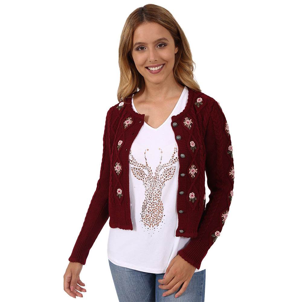 Bordeauxrote Trachten-Strickjacke mit liebevollen Details, locker geschnitten und vielseitig kombinierbar, ideal zu Dirndl, Rock, Jeans oder Lederhose.