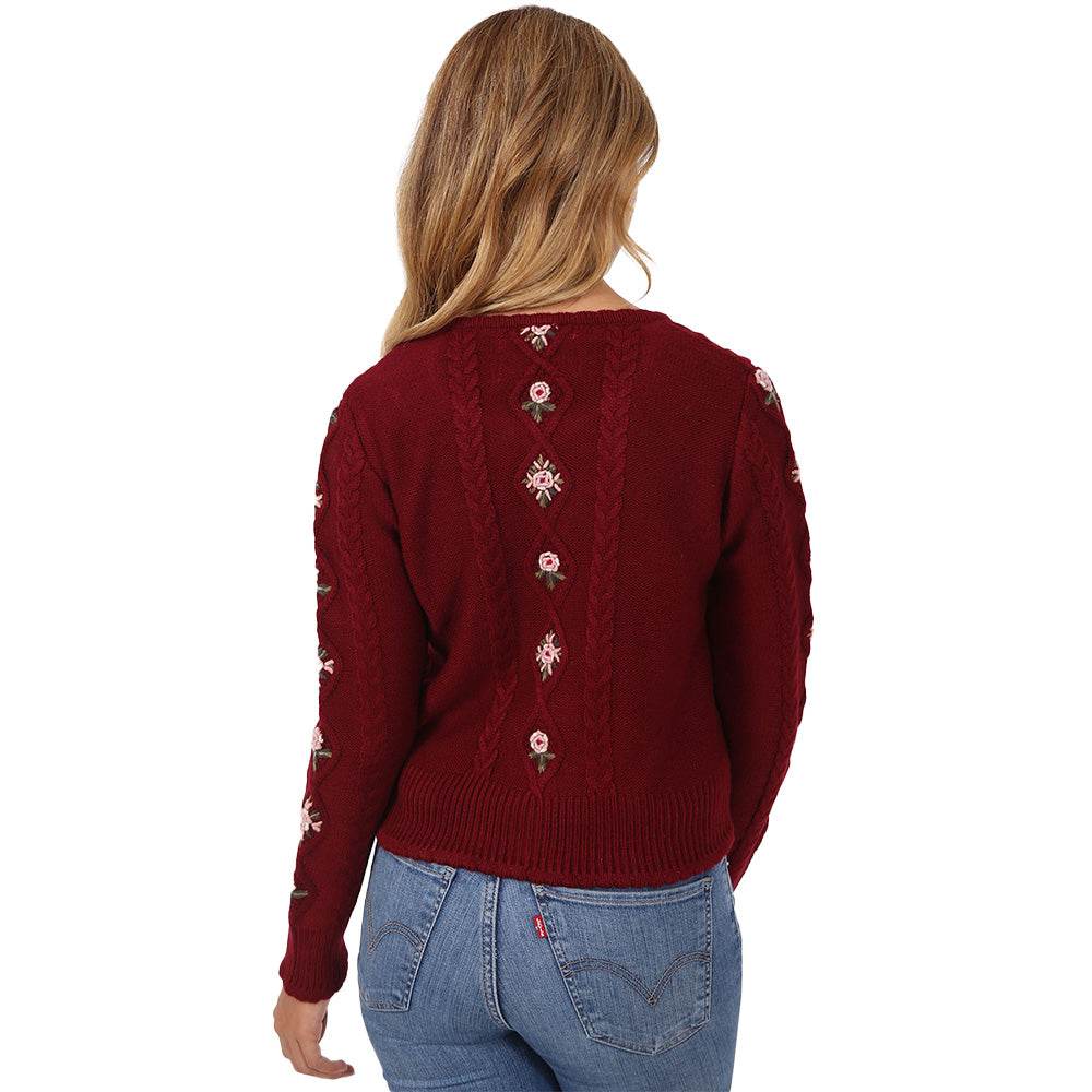 Bordeauxrote Trachten-Strickjacke mit liebevollen Details, locker geschnitten und vielseitig kombinierbar, ideal zu Dirndl, Rock, Jeans oder Lederhose.