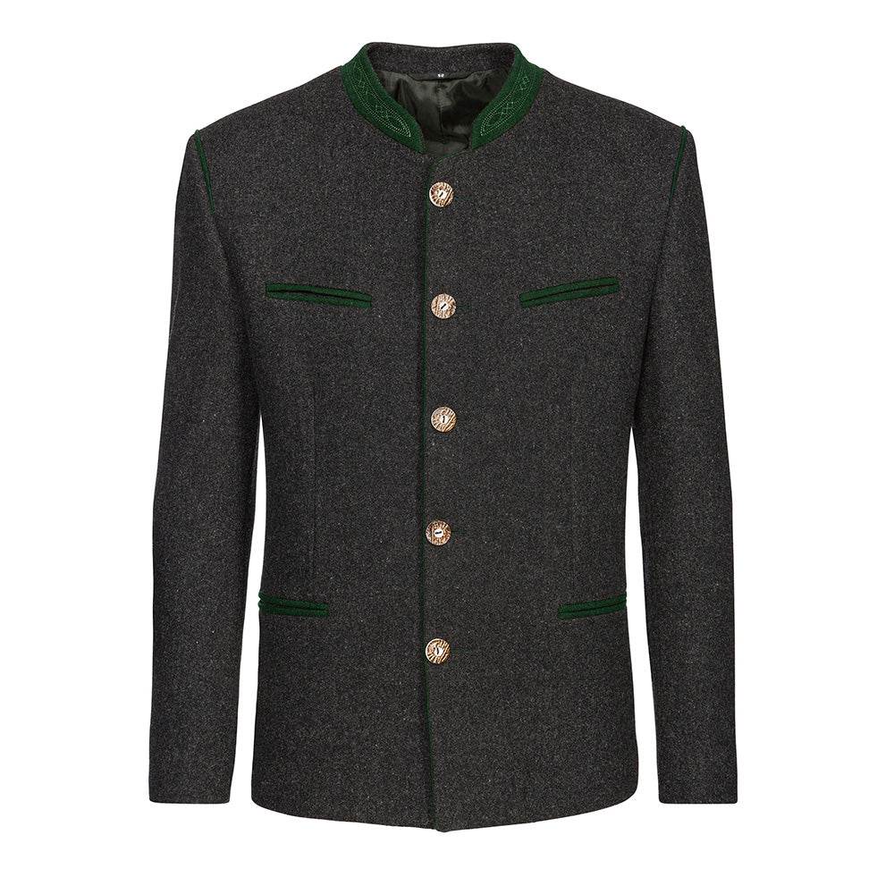 Trachtenjacke im melierten Loden-Look mit geradem Schnitt, besticktem Stehkragen, Paspel und rustikalen Hornknöpfen, hinten mit klassischer Kellerfalte, im traditionellen Trachtenstil.