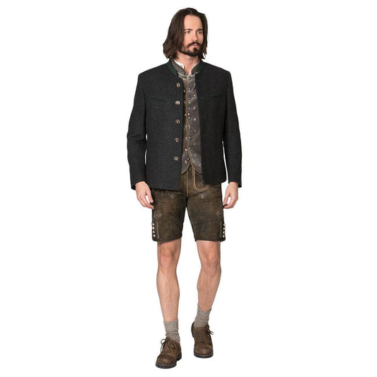 Trachtenjacke im melierten Loden-Look mit geradem Schnitt, besticktem Stehkragen, Paspel und rustikalen Hornknöpfen, hinten mit klassischer Kellerfalte, im traditionellen Trachtenstil.
