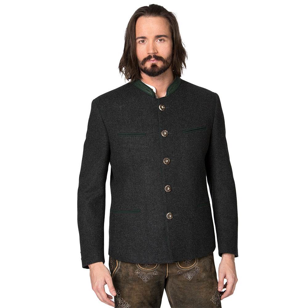Trachtenjacke im melierten Loden-Look mit geradem Schnitt, besticktem Stehkragen, Paspel und rustikalen Hornknöpfen, hinten mit klassischer Kellerfalte, im traditionellen Trachtenstil.