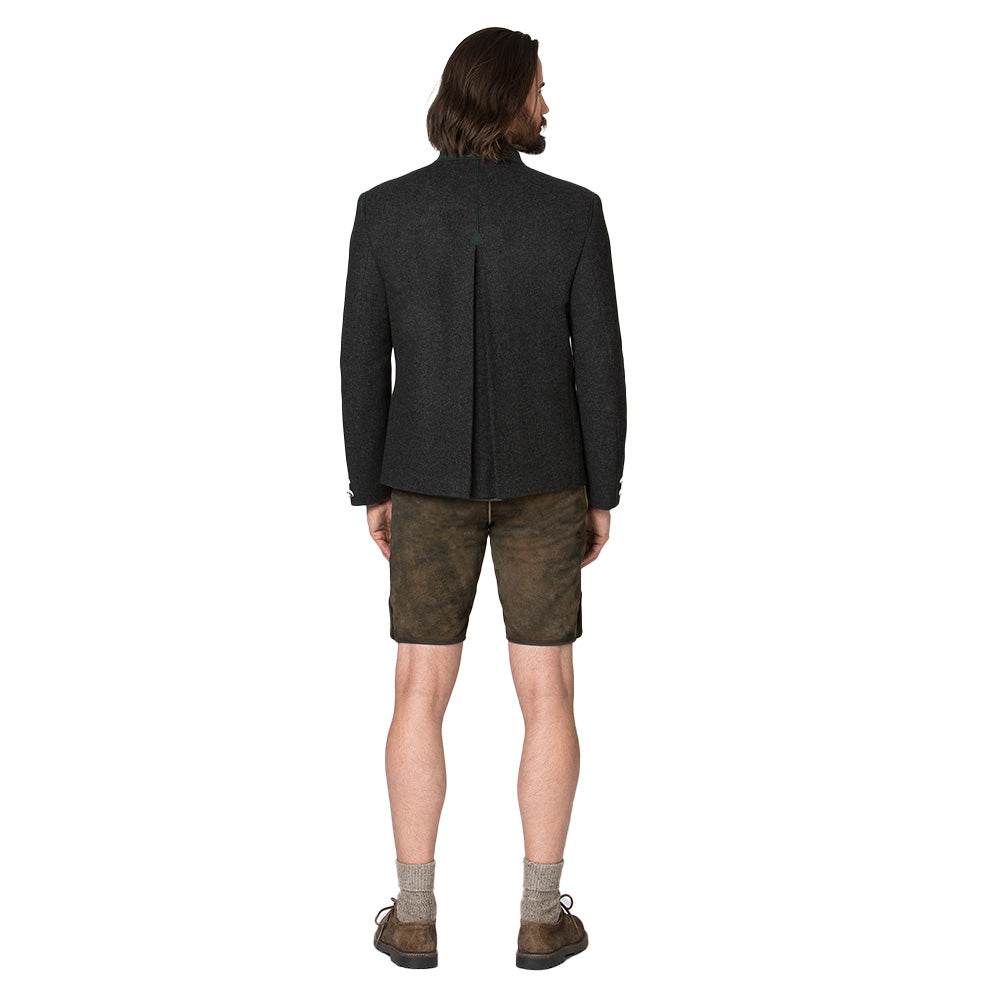 Trachtenjacke im melierten Loden-Look mit geradem Schnitt, besticktem Stehkragen, Paspel und rustikalen Hornknöpfen, hinten mit klassischer Kellerfalte, im traditionellen Trachtenstil.