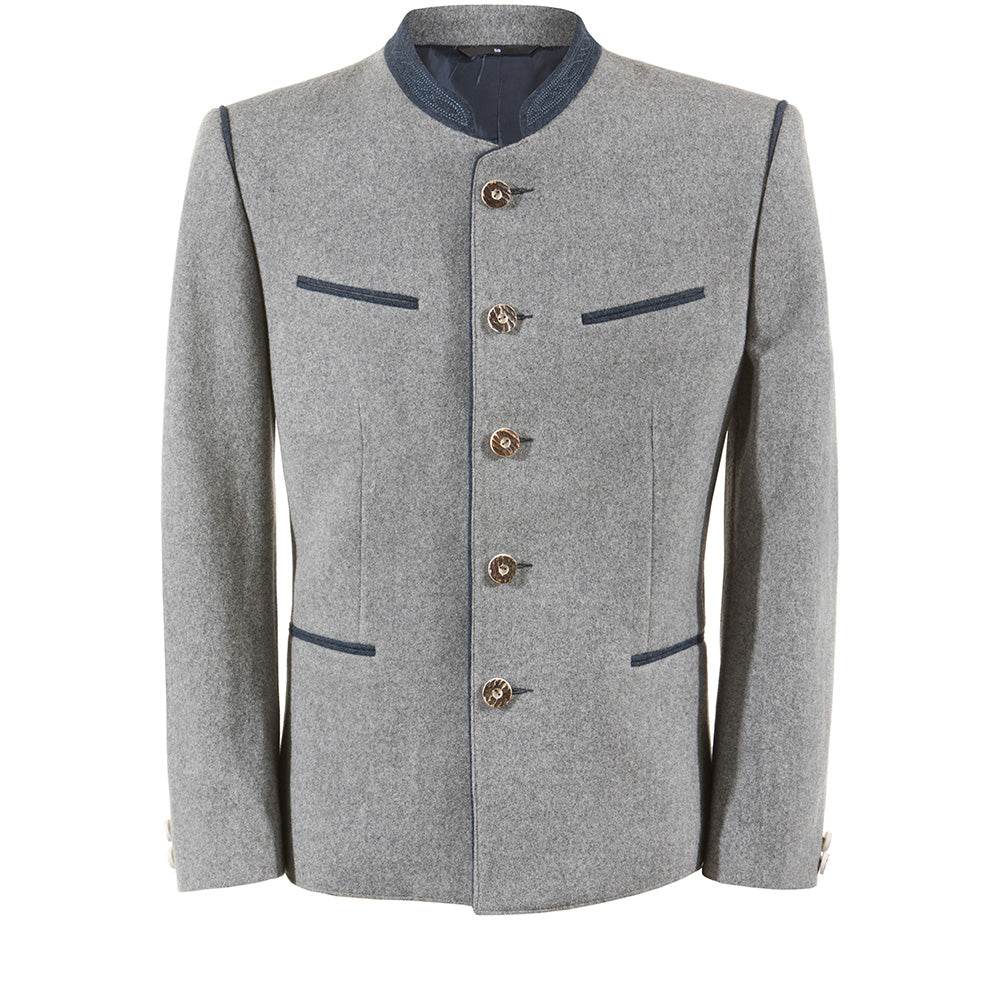 Trachtenjacke im melierten Loden-Look mit geradem Schnitt, besticktem Stehkragen, Paspel und rustikalen Hornknöpfen, hinten mit klassischer Kellerfalte, im traditionellen Trachtenstil.