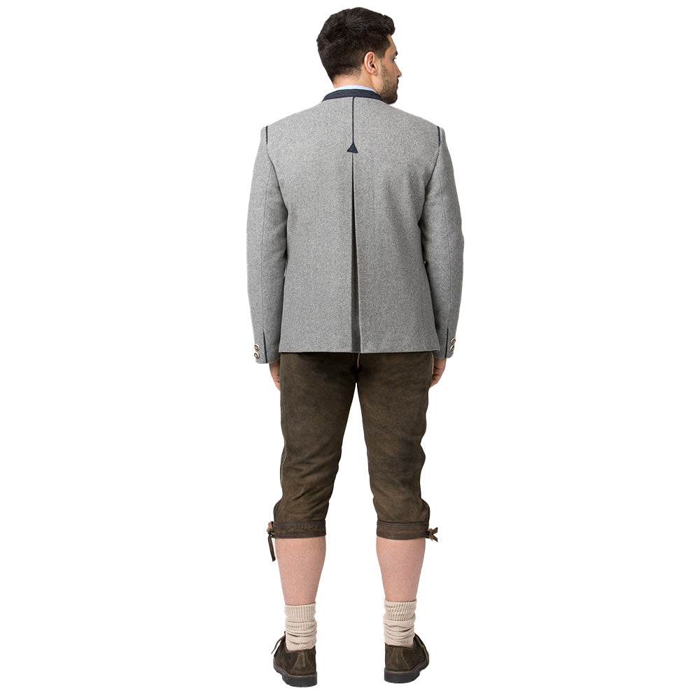 Trachtenjacke im melierten Loden-Look mit geradem Schnitt, besticktem Stehkragen, Paspel und rustikalen Hornknöpfen, hinten mit klassischer Kellerfalte, im traditionellen Trachtenstil.