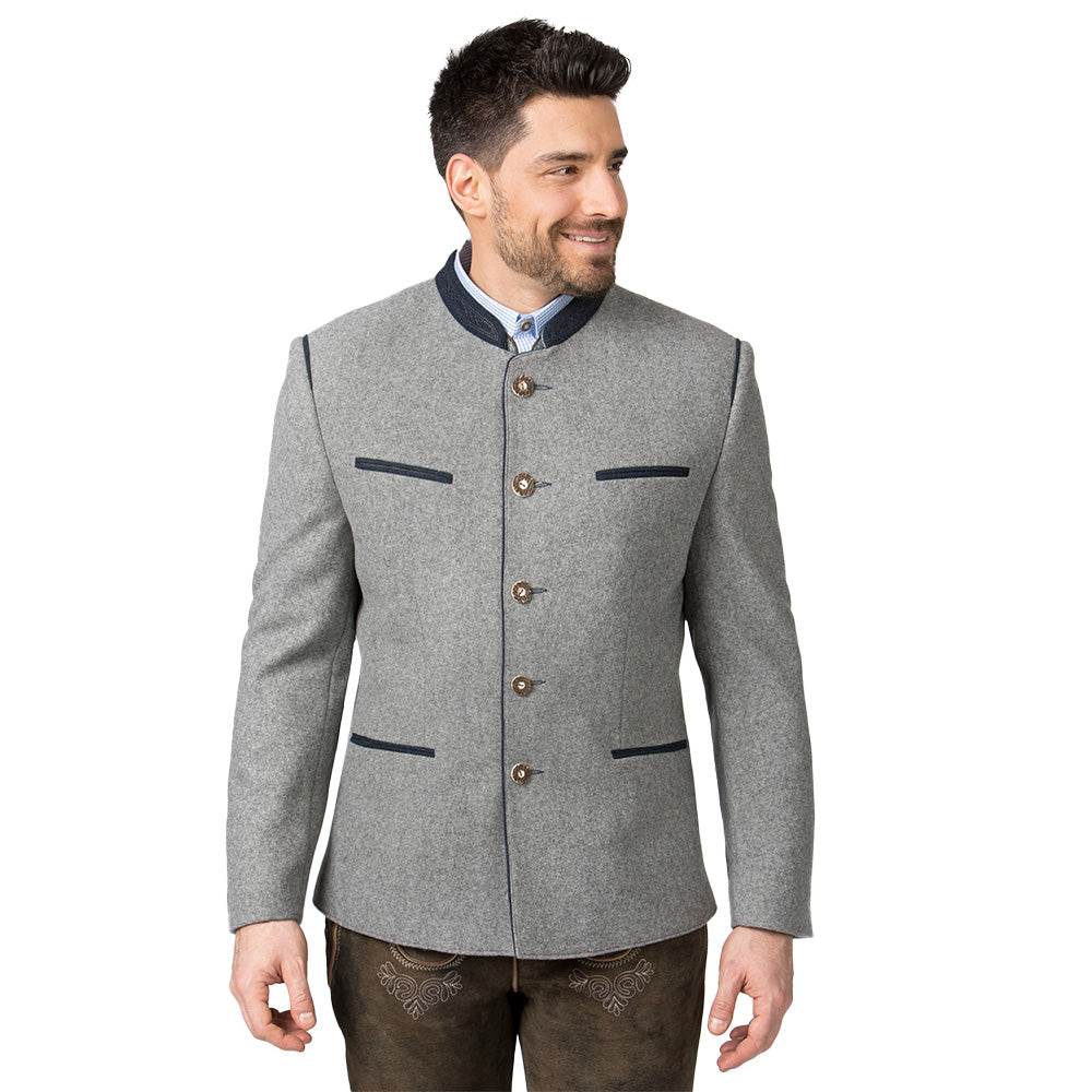 Trachtenjacke im melierten Loden-Look mit geradem Schnitt, besticktem Stehkragen, Paspel und rustikalen Hornknöpfen, hinten mit klassischer Kellerfalte, im traditionellen Trachtenstil.