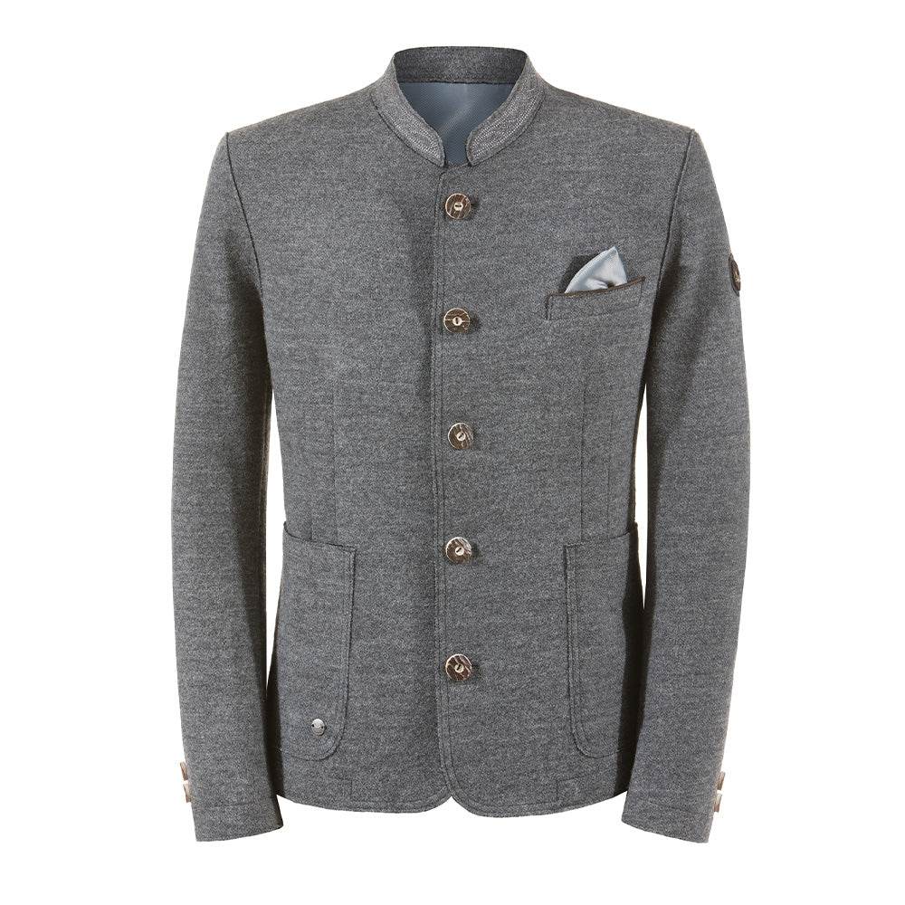 Legere Trachtenjacke in meliertem Anthrazit mit geradem Schnitt, offen verarbeiteten Kanten, filigran besticktem Stehkragen, aufgesetzten Taschen und rustikalen Hornknöpfen.