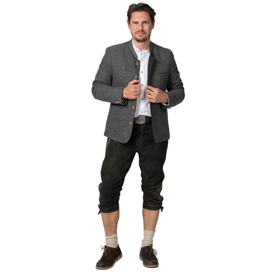 Legere Trachtenjacke in meliertem Anthrazit mit geradem Schnitt, offen verarbeiteten Kanten, filigran besticktem Stehkragen, aufgesetzten Taschen und rustikalen Hornknöpfen.