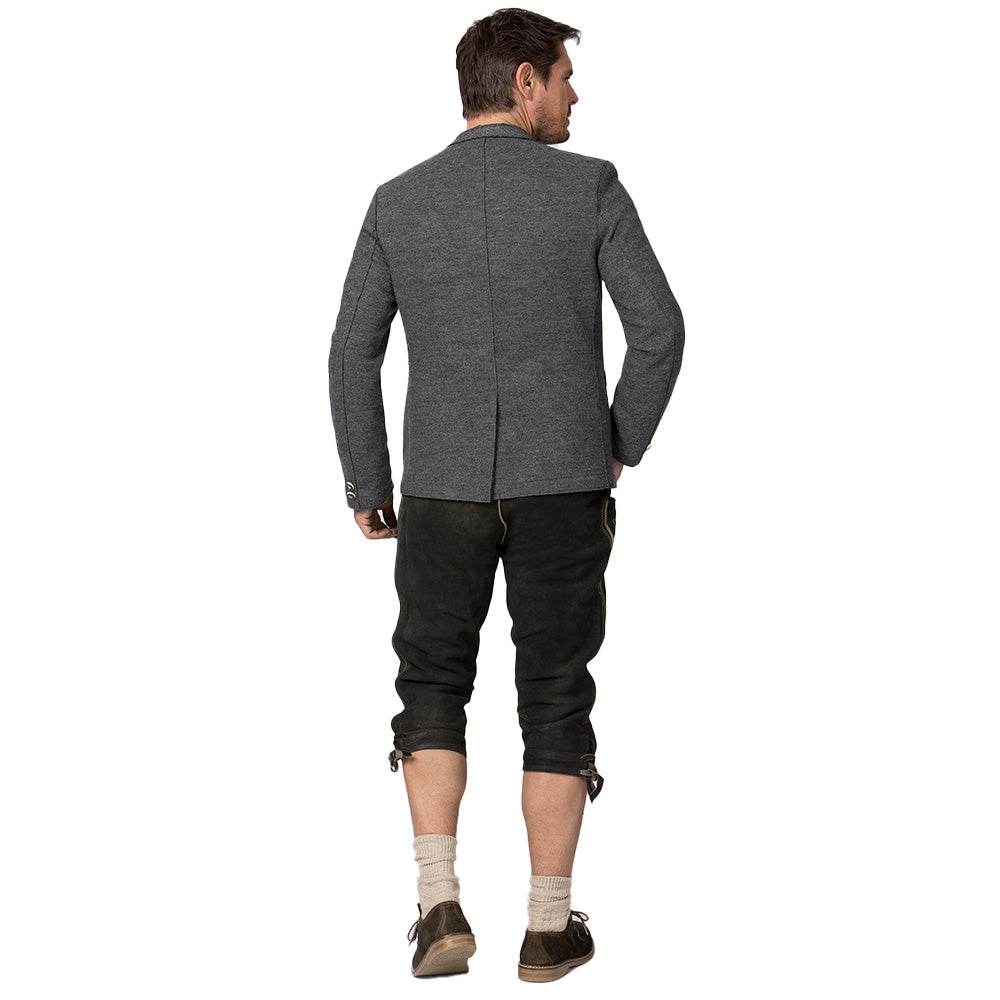 Legere Trachtenjacke in meliertem Anthrazit mit geradem Schnitt, offen verarbeiteten Kanten, filigran besticktem Stehkragen, aufgesetzten Taschen und rustikalen Hornknöpfen.