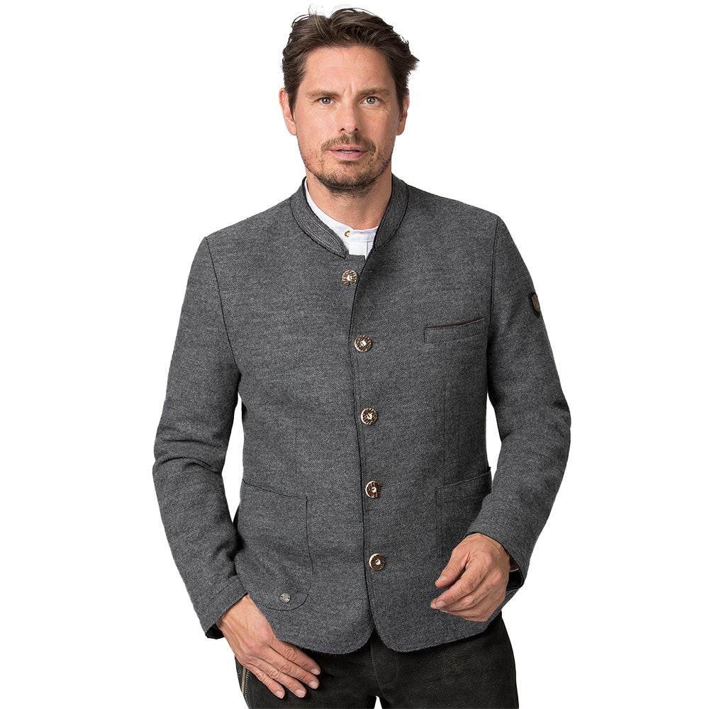 Legere Trachtenjacke in meliertem Anthrazit mit geradem Schnitt, offen verarbeiteten Kanten, filigran besticktem Stehkragen, aufgesetzten Taschen und rustikalen Hornknöpfen.